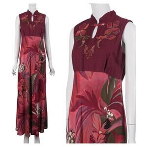 VINTAGE Carole Little Dress 8 Maroon Red Floral Print Applique Sleeveless Maxi
